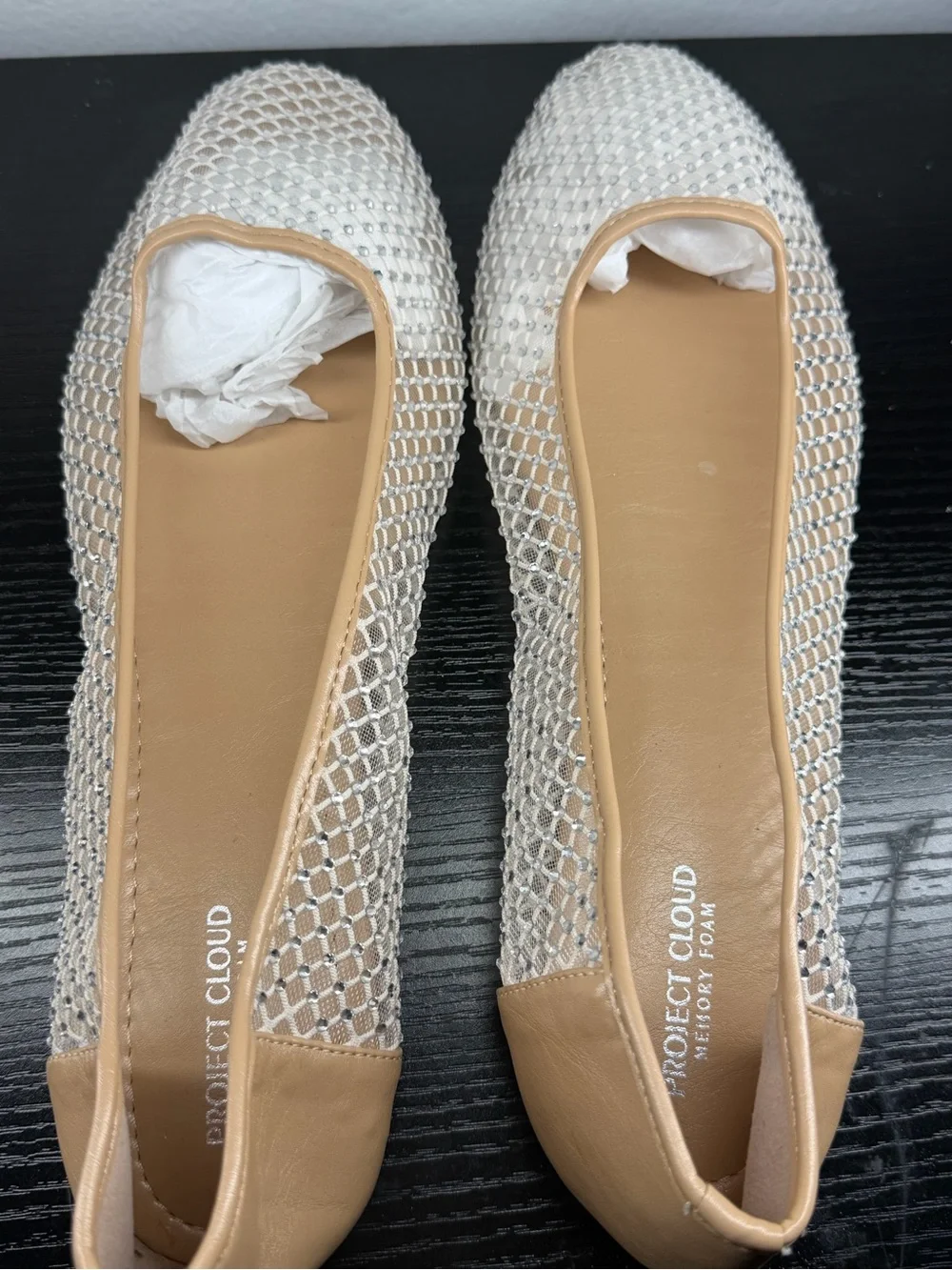 Women's Beige Mesh Ballet Flats with Rhinestone Accent